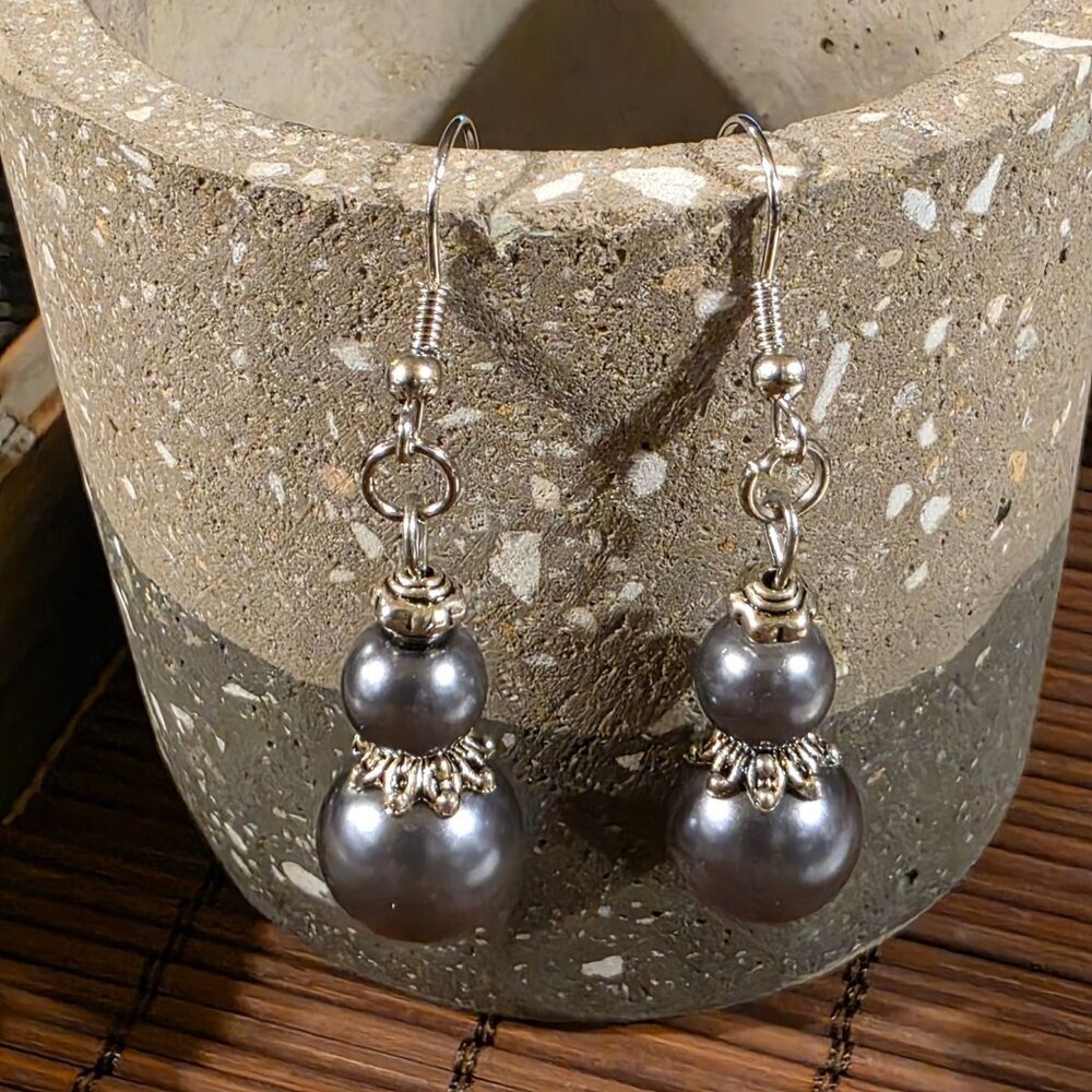 Handcrafted Dark Silvery Gray Antiqued Silver Glass Pearl Drop Earrings